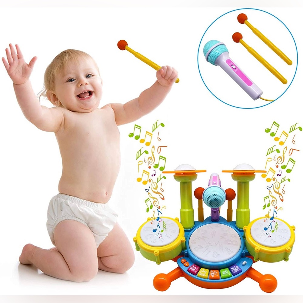 New in Box Drum Set for Kids with 2 Drum Sticks and Microphone, Musical Toys